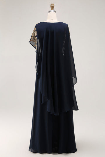 Marinblå Slida Applicerad Mamma Till Bruden Klänning Med Sjal